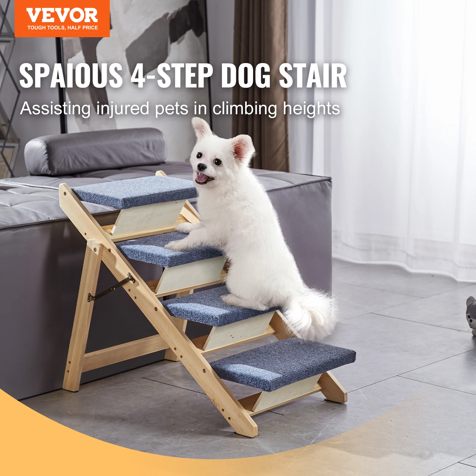 VEVOR Wooden Pet Steps and Ramp Combo 2-in-1 Design Foldable Access for Beds Steps Structure for Pets of Small to Large Size