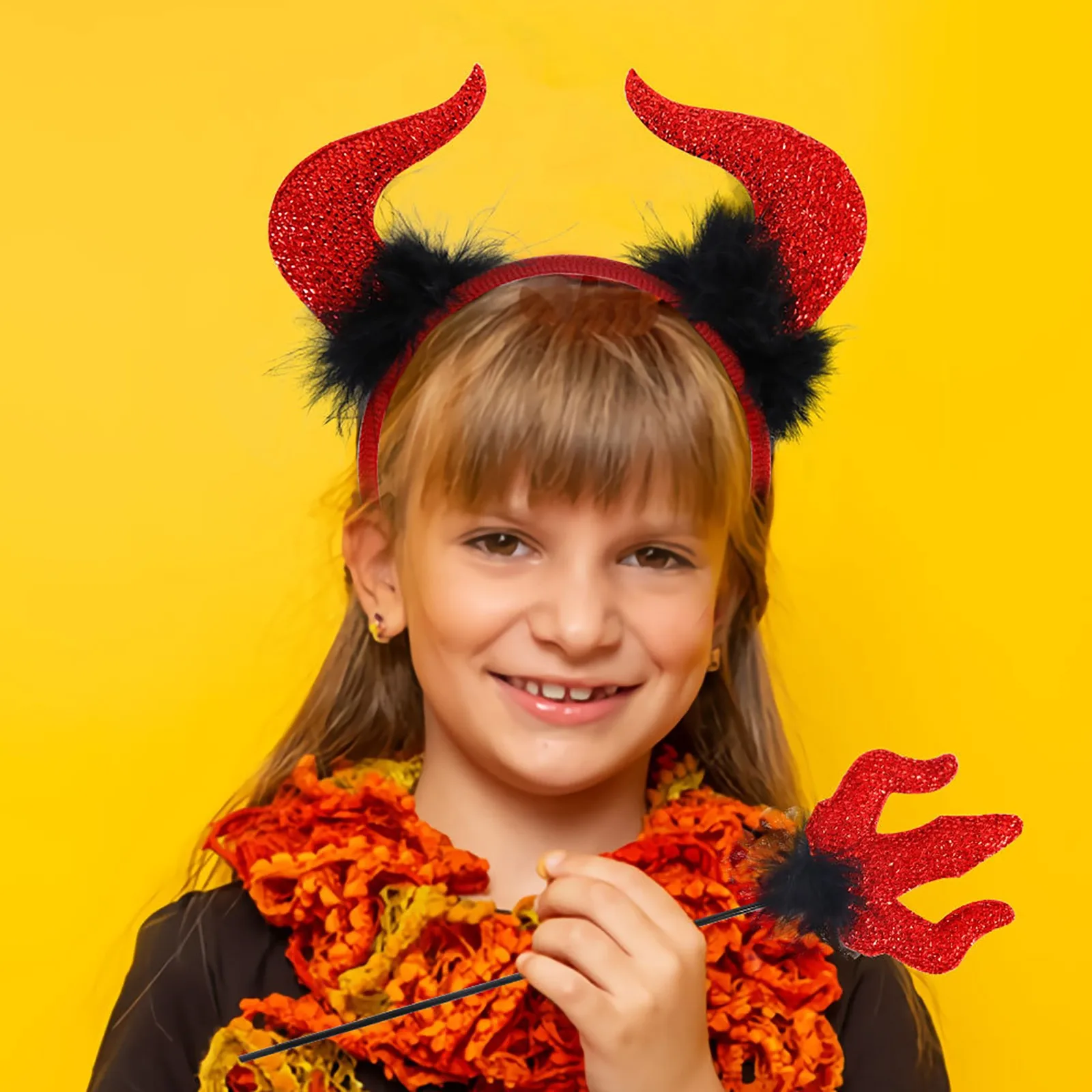‌Red Devil Costume Set Halloween Party Accessory Horn Headband Trident Cane Scary Cosplay Outfit for Adults Kids