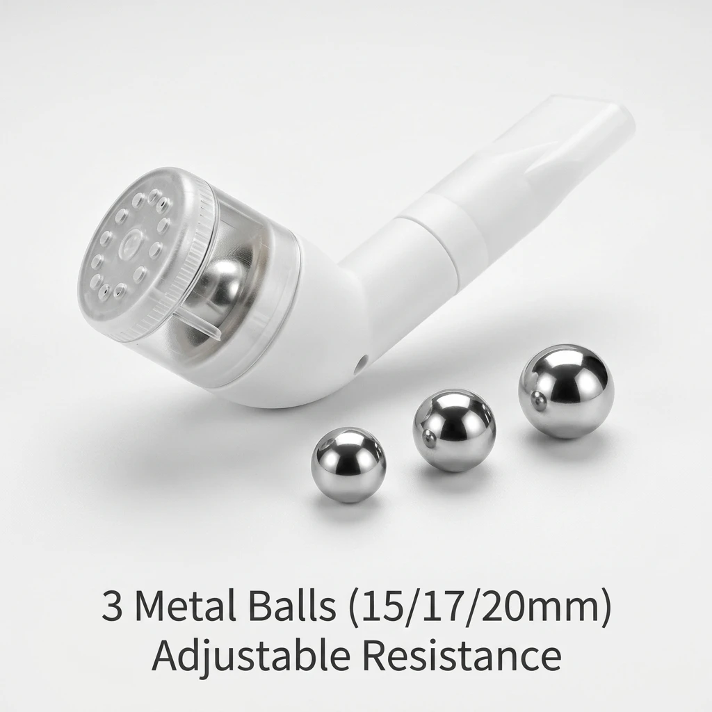 Entraîneur musculaire respiratoire en forme de L – 3 boules métalliques interchangeables (15/17/20 mm) pour une résistance réglable – Respiration profonde portable