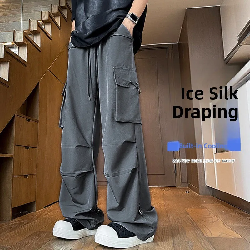 

American Sle Vintage Ice Silk Thin Work Trousers Men Women Street Sle Haome Wide Leg Umbrella Soldier Pants Large Size