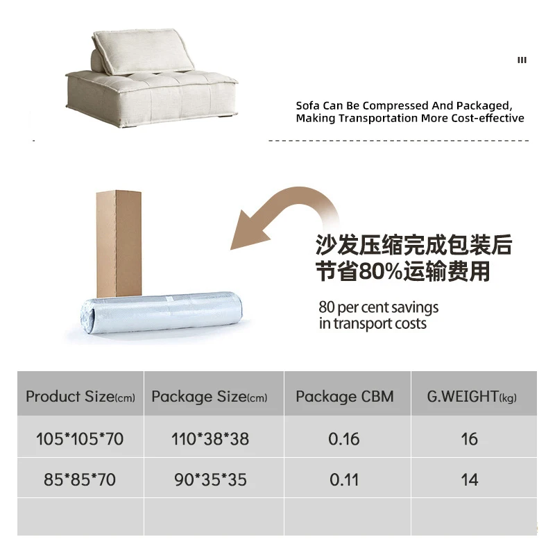 Coofull Modern Minimalist Single Square Sofa Modular Sectional Vacuum Compressing Velvet Fabric Apartment-Friendly Sofa Set
