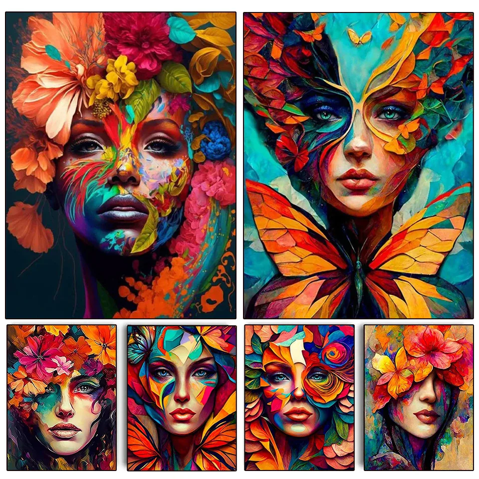 5D DIY Diamond Painting Abstract Women Leaves and Flowers Mosaic Cross Embroidery Painting Art Embroidery Furniture Decoration