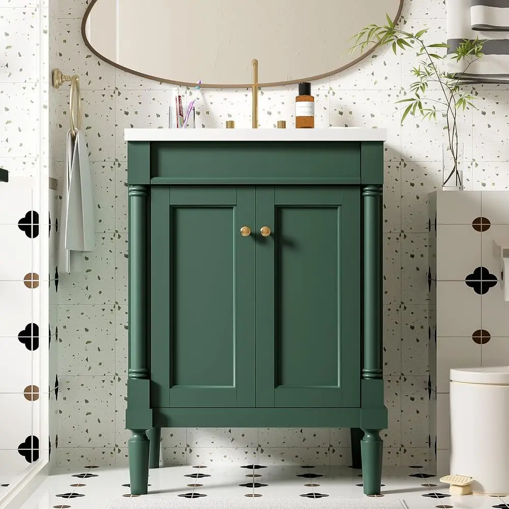 

24-дюймовая тумба для ванной комнаты с раковиной, компактная тумба для ванной комнаты с 2-дверным шкафчиком, раковина под столешницу, из массива дерева, для ванной комнаты