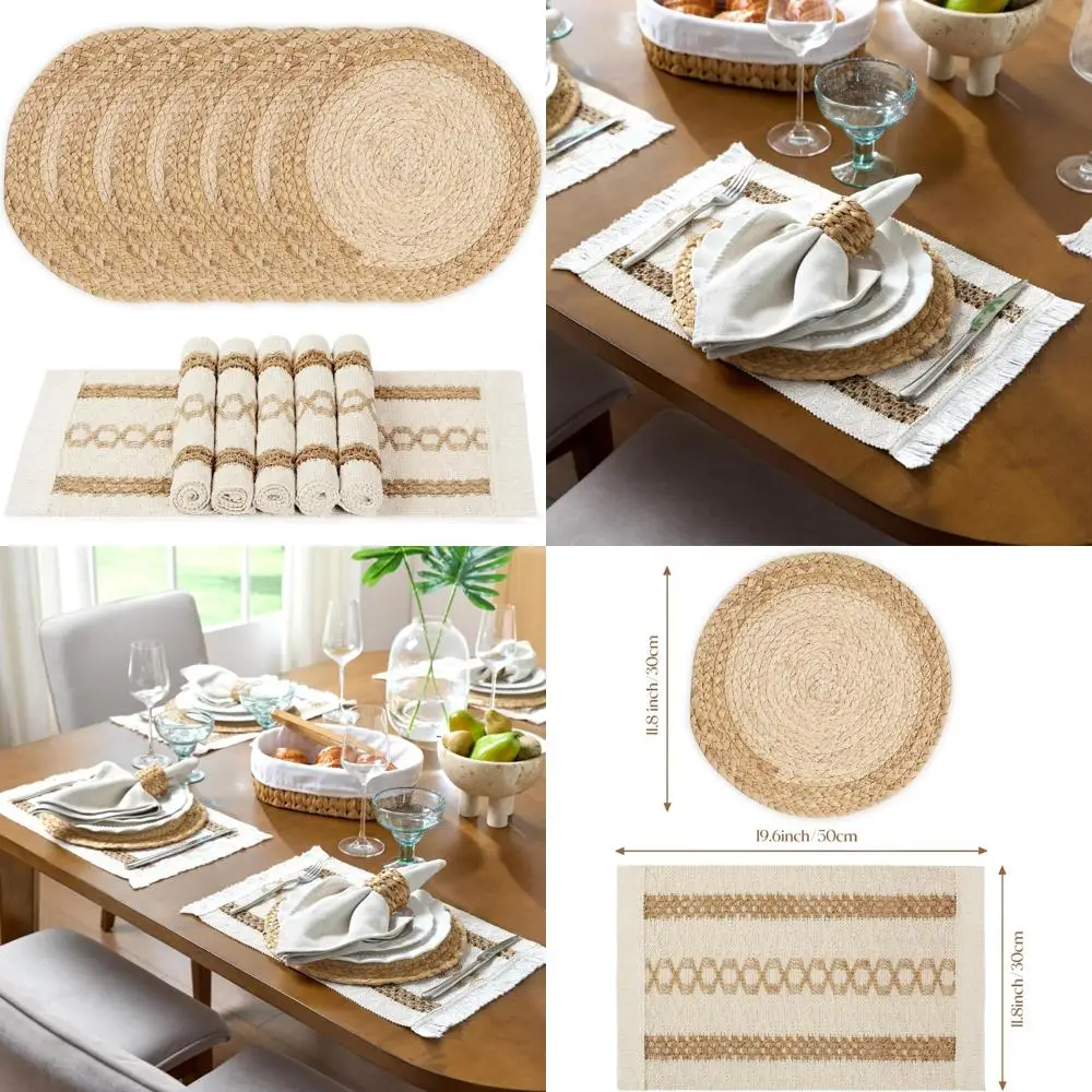 Juego de 6 manteles individuales tejidos estilo granja, manteles de mesa trenzados hechos a mano rústicos para comedor, color natural