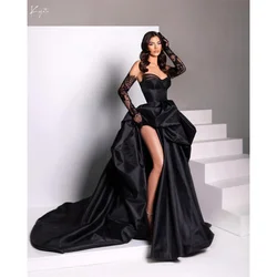Kyoto Black Sweetheart Collar Lace Gloves Wedding Dress Long Pleated With Slit vestidos de novia A-line Customized Formal Gown