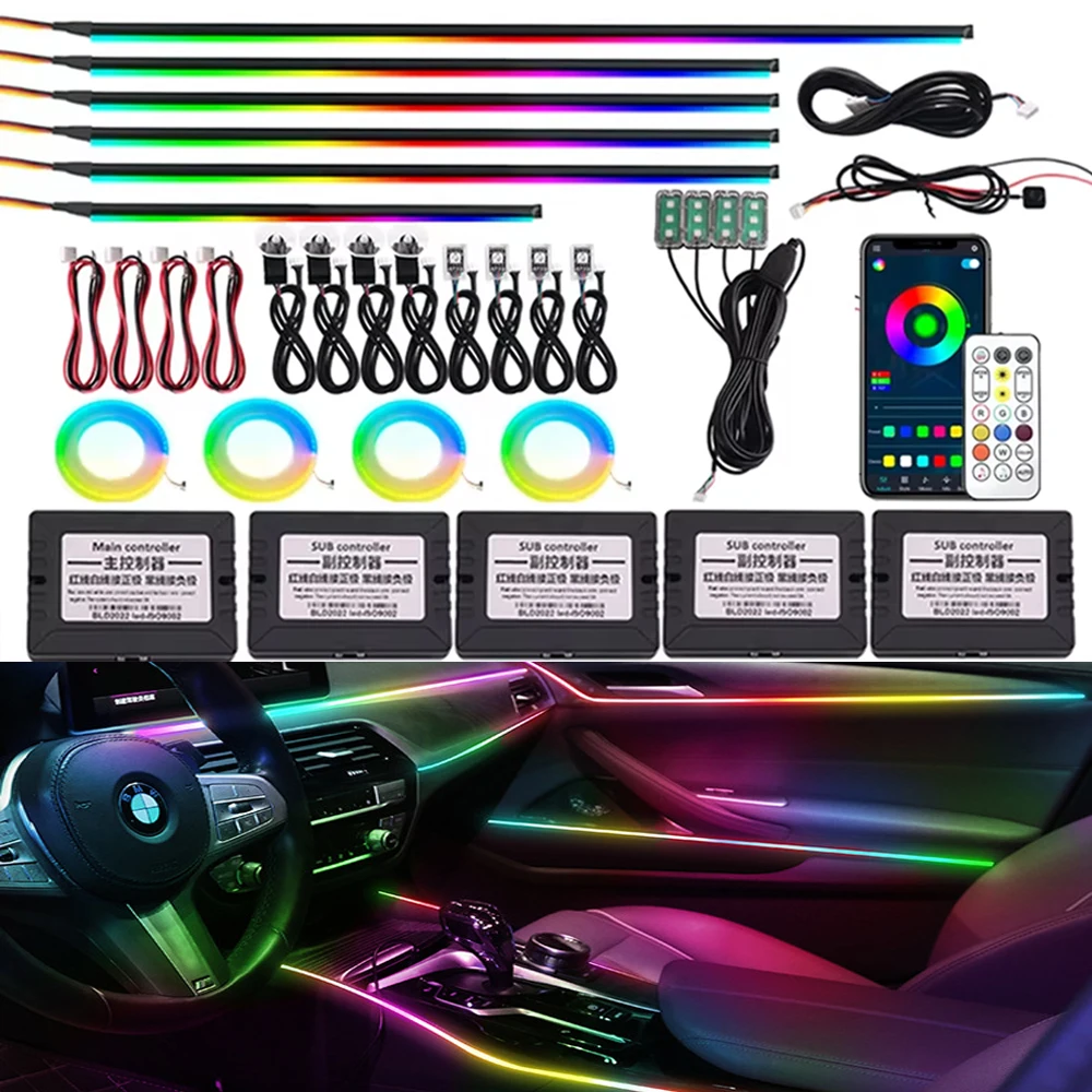 

14/18/22 в 1, 64 цвета RGB, символьный автомобильный окружающий свет с управлением через приложение, внутренняя акриловая направляющая, атмосферное украшение, светодиодная лента