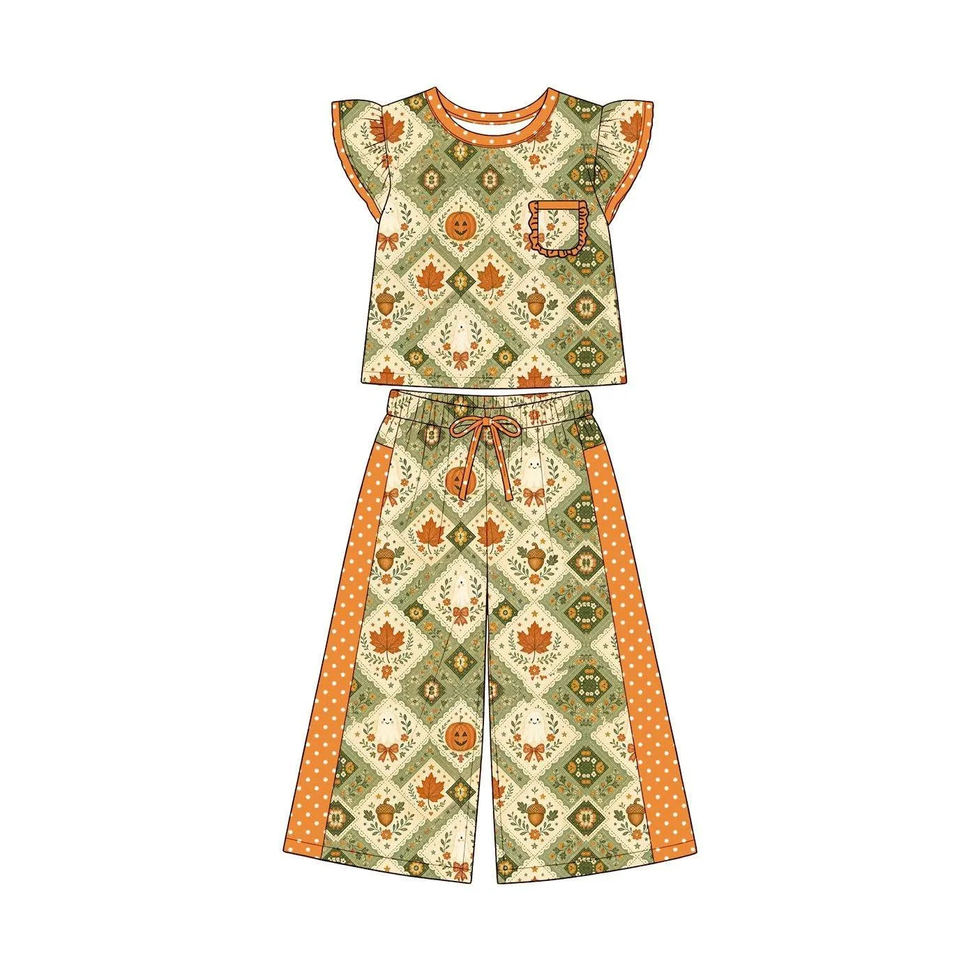 Thanksgiving Halloween Girl Set Pumpkin Leaf Bow Print Pearl Trousers Dotty Baby New Style Clothing Set Boutique Children's Set