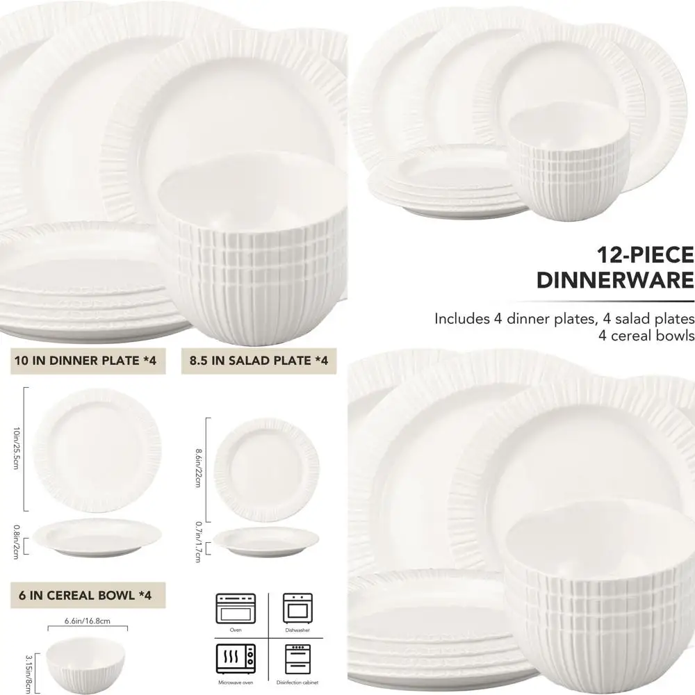 4-Person White Ceramic Dinnerware Set - Rhine Collection, Complete with Bowls, Assorted Plates, Safe for Microwave and Dishwashe