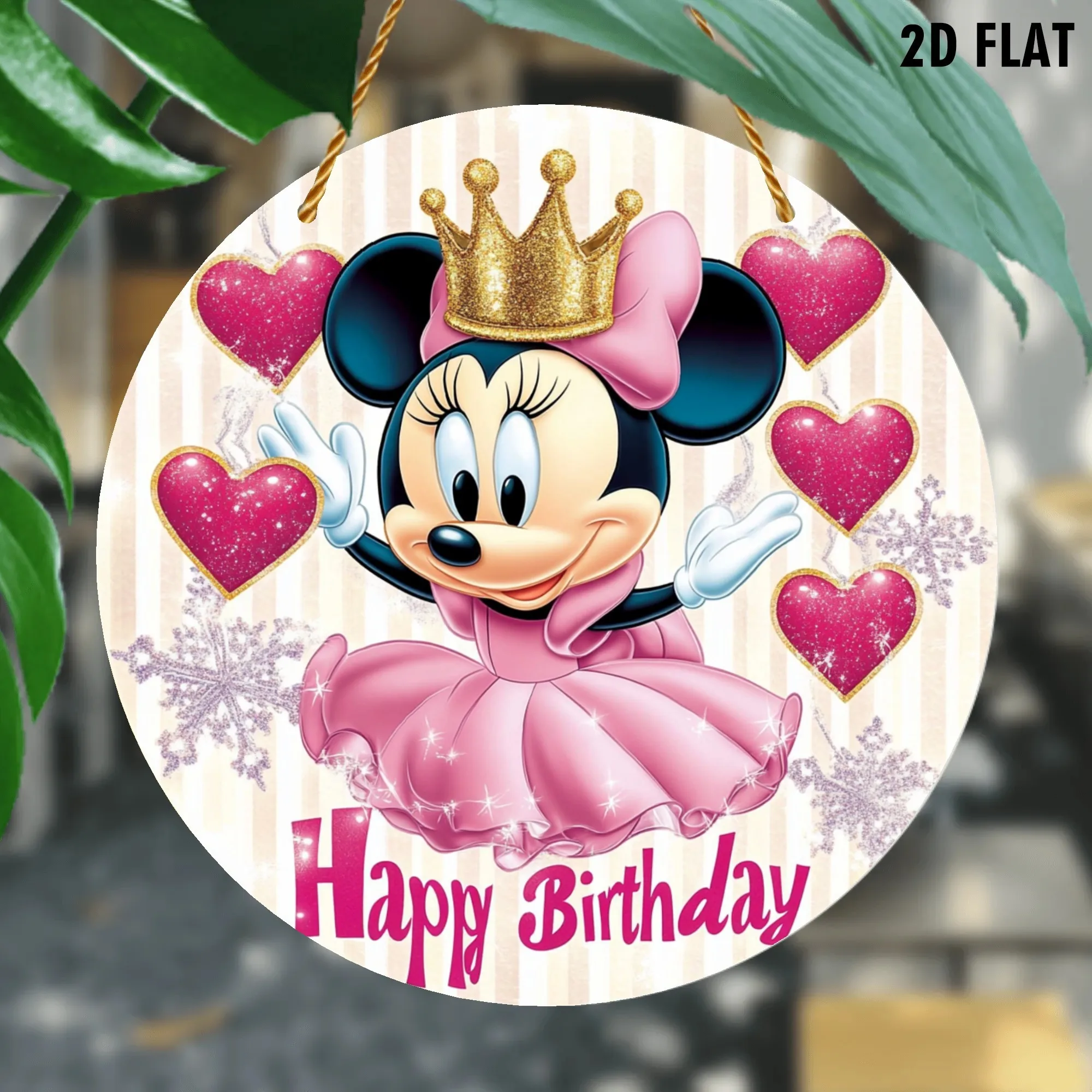 لافتة حائط أكريليك 2D مسطحة، قطعة واحدة من ديزني ميني ماوس - فستان وردي وتصميم تاج ذهبي، لا حاجة للكهرباء، ولادة عيد الحب