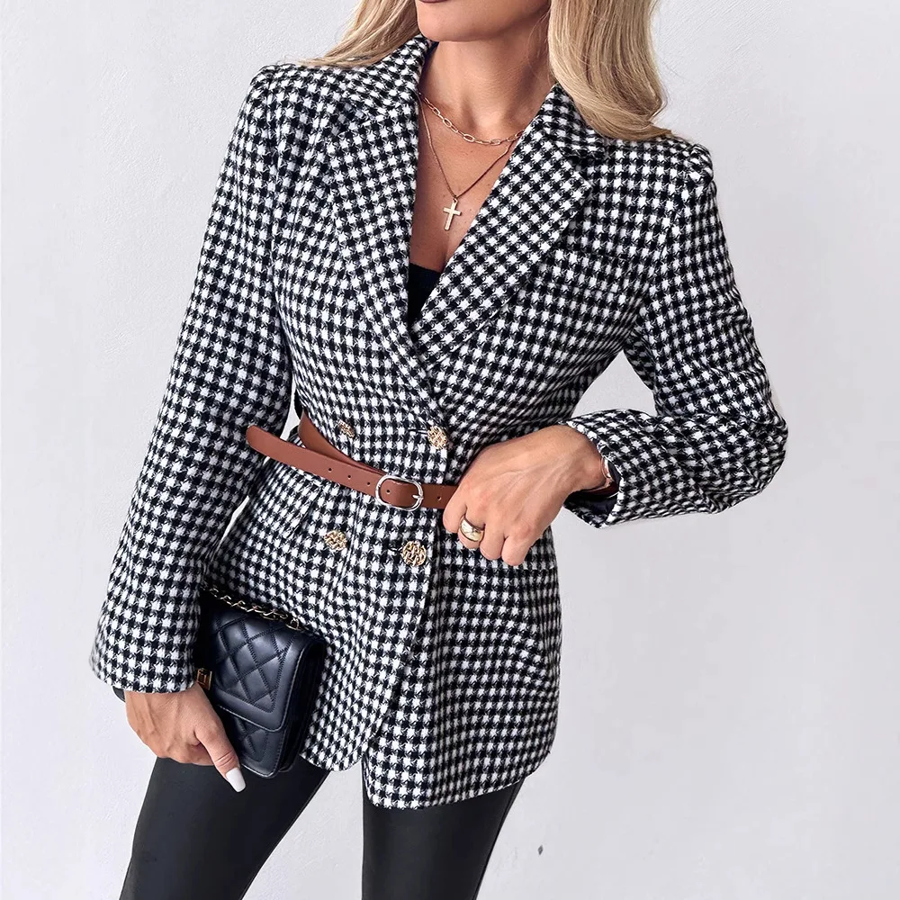 Women Office Lady Smart Casual Houndstooth Pattern Double Breasted Blazer Jacket With Belt