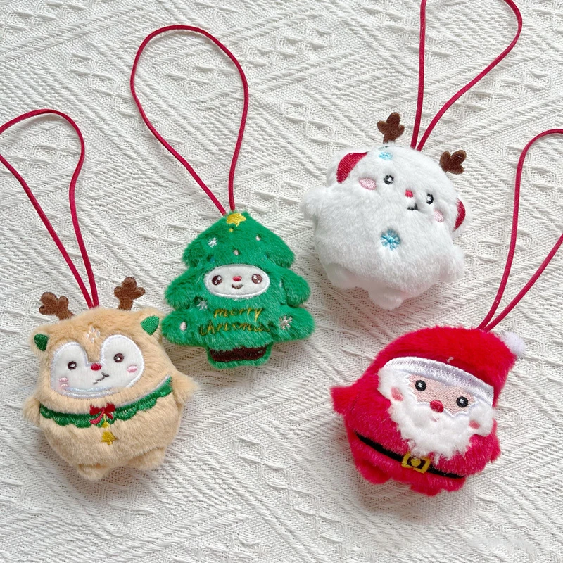 Cartoon Squeak Santa Claus Elk Snowman Name Sticker Plush Keychain Name Tag Keyring School Bag Pendant Key Hanging Decoration