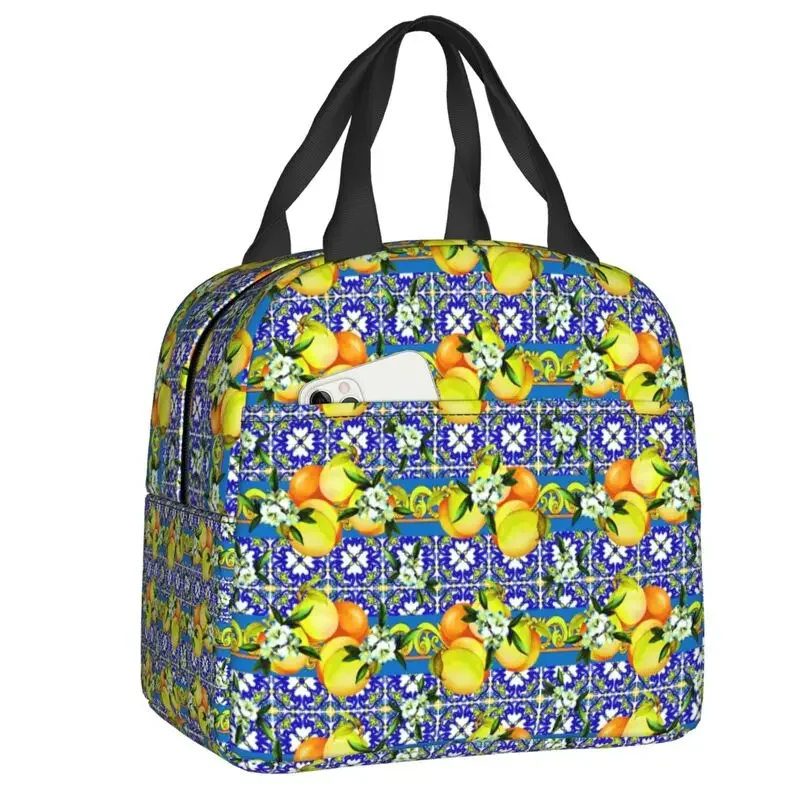 Custom Summer Fruit Lemon Mediterranean Tiles Lunch Bag Waterproof Cooler Thermal Insulated Lunch Box For Women Food Tote Bags