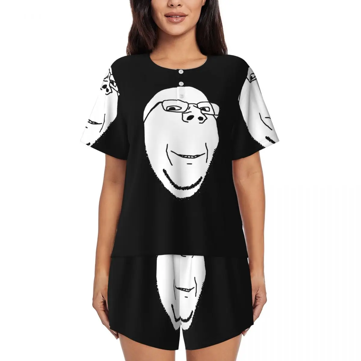 

Smiling Wholesome Wojak Soyjak Round Neck Short Sleeves Nightdress for Sleeping Sleepshirts Women Soft Pajama Set Short Pants