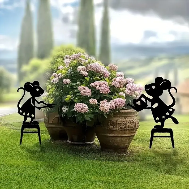 ~2D Flat Metal Mouse Decoration Garden Stakes Cute Mouse Garden Pot Decorations Gardening Worker Mouse Ground Inserts