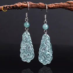 Natural Jadeite Blue Water Mascot Earrings S925 Silver Inlaid Hand-carved Exquisite Ancient Style Ice Jade Earrings Ladies Gift