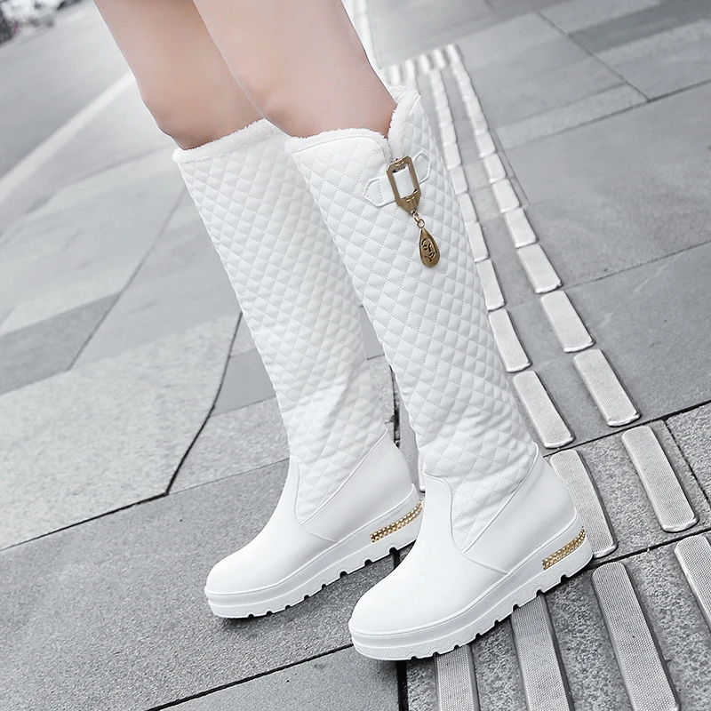 Raised Checkerboard With Metal Square Buckle Warmth Plush Lining Women's Snow Boots Flat Bottoms Elevated Knee Length Boots