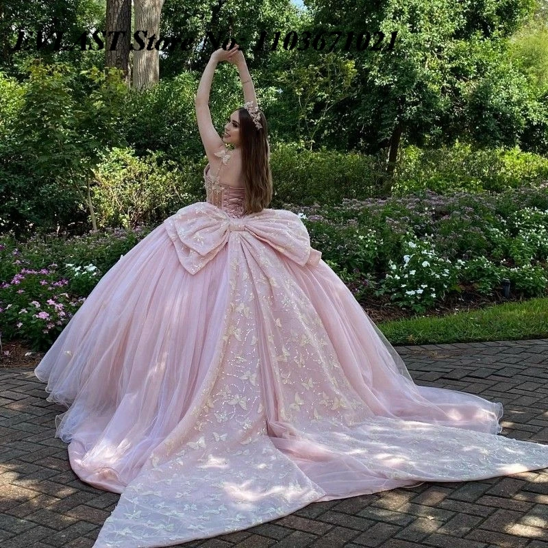 EVLAST gaun dansa merah muda Quinceanera gaun pesta 3D kupu-kupu Applique manik-manik pita Meksiko manis 16 Vestidos De XV 15 Anos SQ13