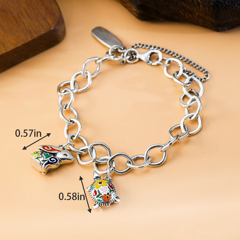 

S925 sterling silver James Avery Forged Link Charm Bracelet paired with Enamel Festival Rabbit and Festival Turtle Pendants