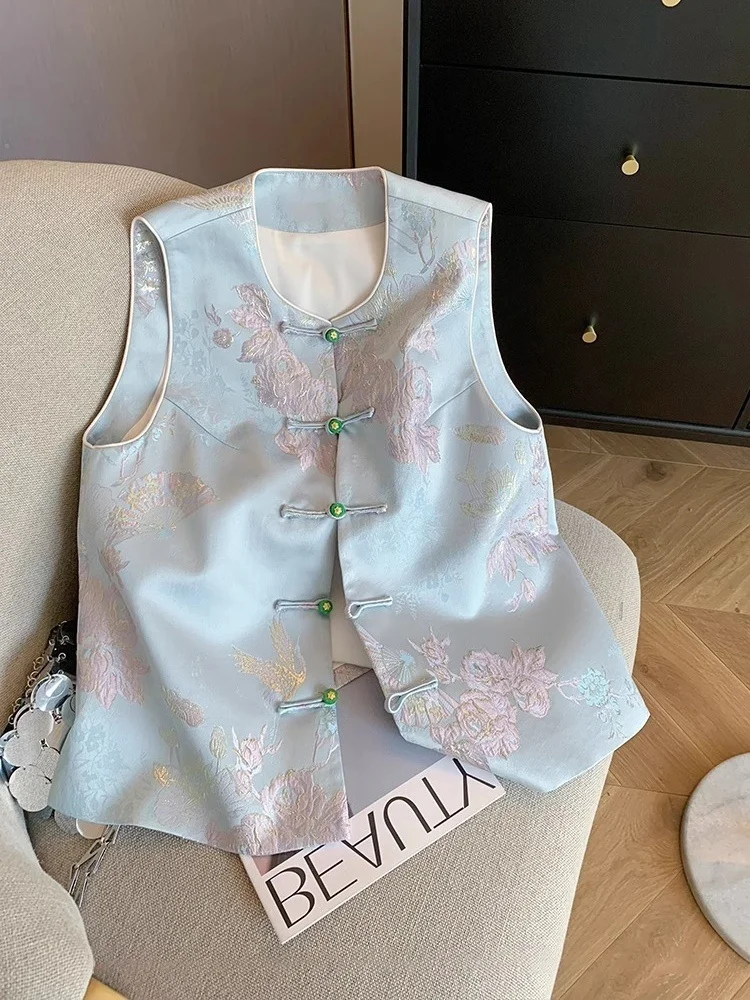 

New Chinese Sle round Ne Embroidered Buttonl Svel Vest Early Spring Gentle Vintage Agel Top Women's Faion