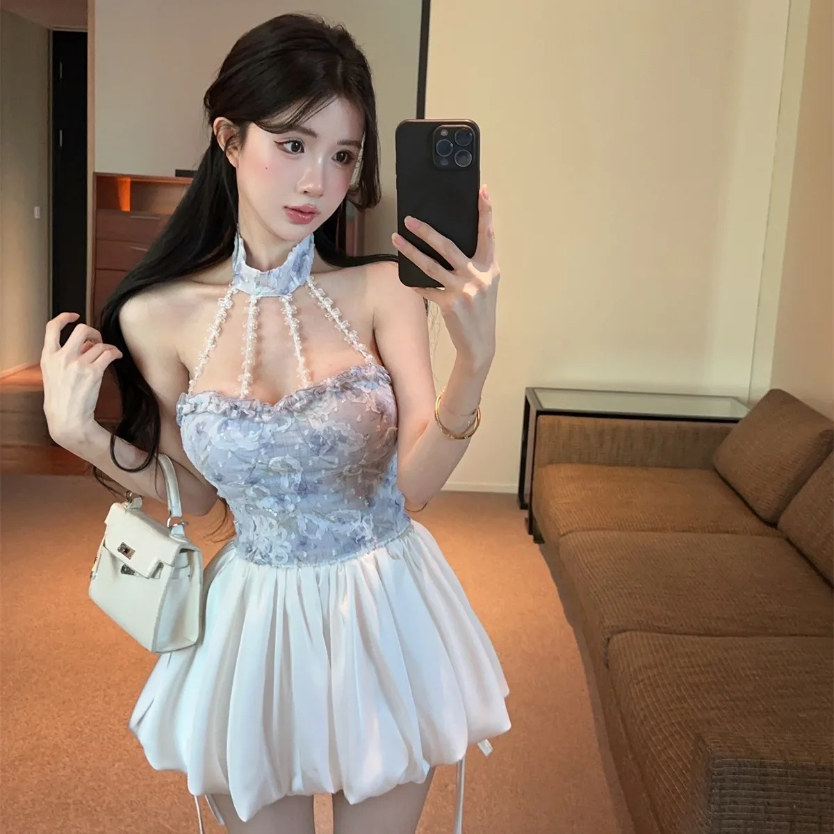 

Elegant Embroidered Ruffle Halter Neck Shoulder Bared Women's Set Summer New Style Pure Desire Top And Flower Skirt Two Piece...