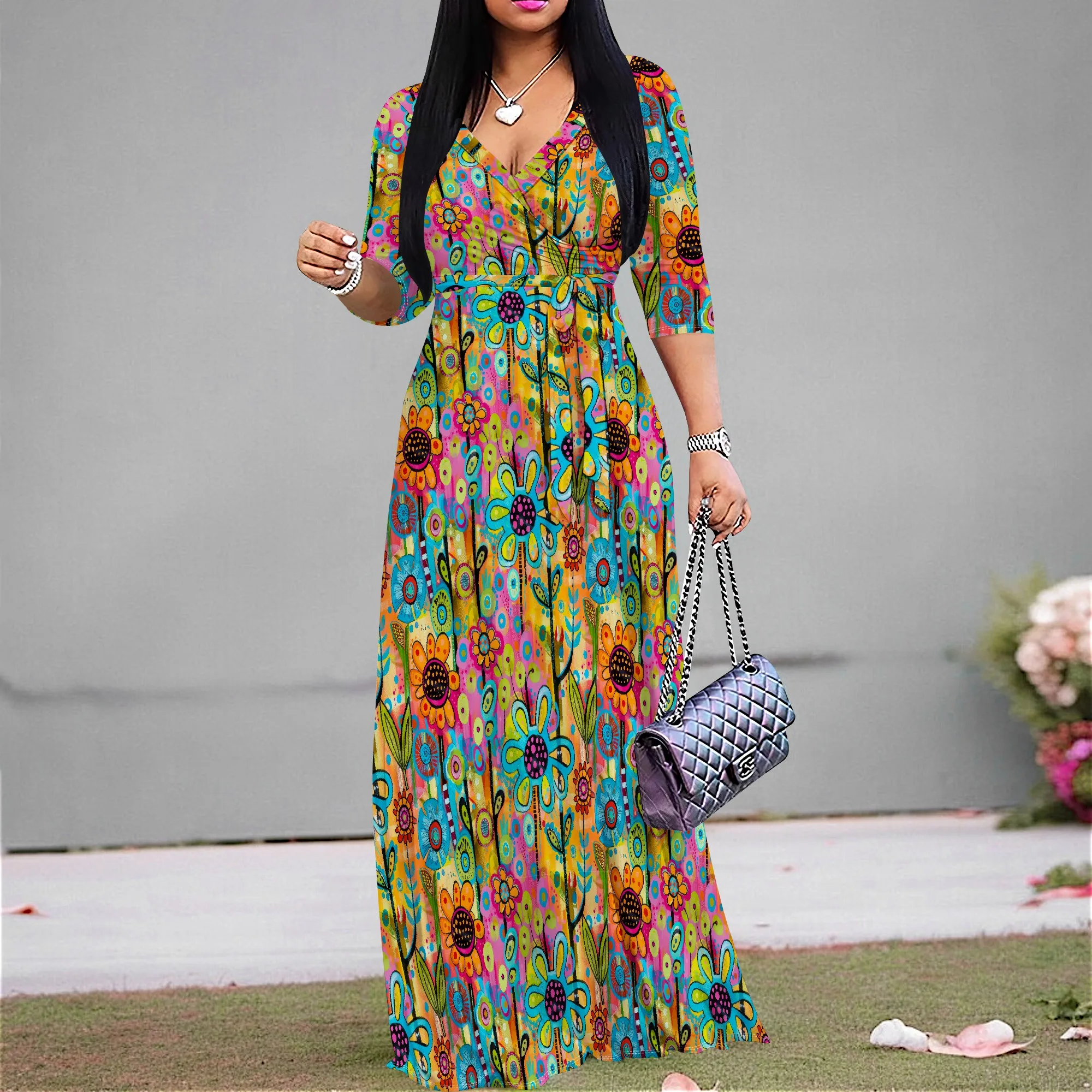 

Women's V Neck 3/4 Sleeve Maxi Dress S-3XL Vibrant Abstract Floral Print Long Gown