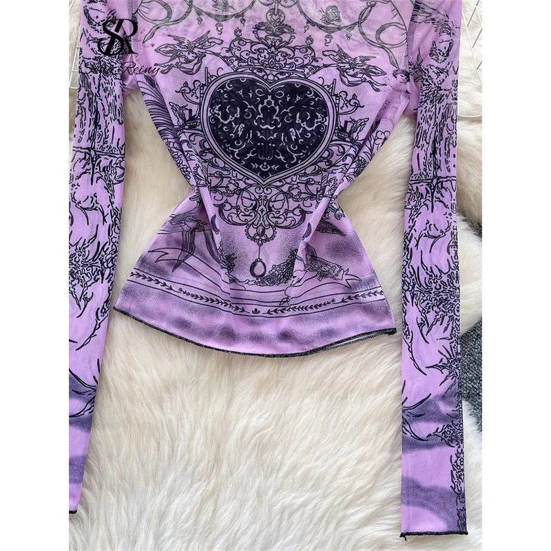 ZIXIN Streetwear Hotsweet Mesh Blouse Vrouwen O-hals Print Dunne Sheer Chic Tops Amerikaanse Sexy Ins Schede Korte Casual T-Shirt