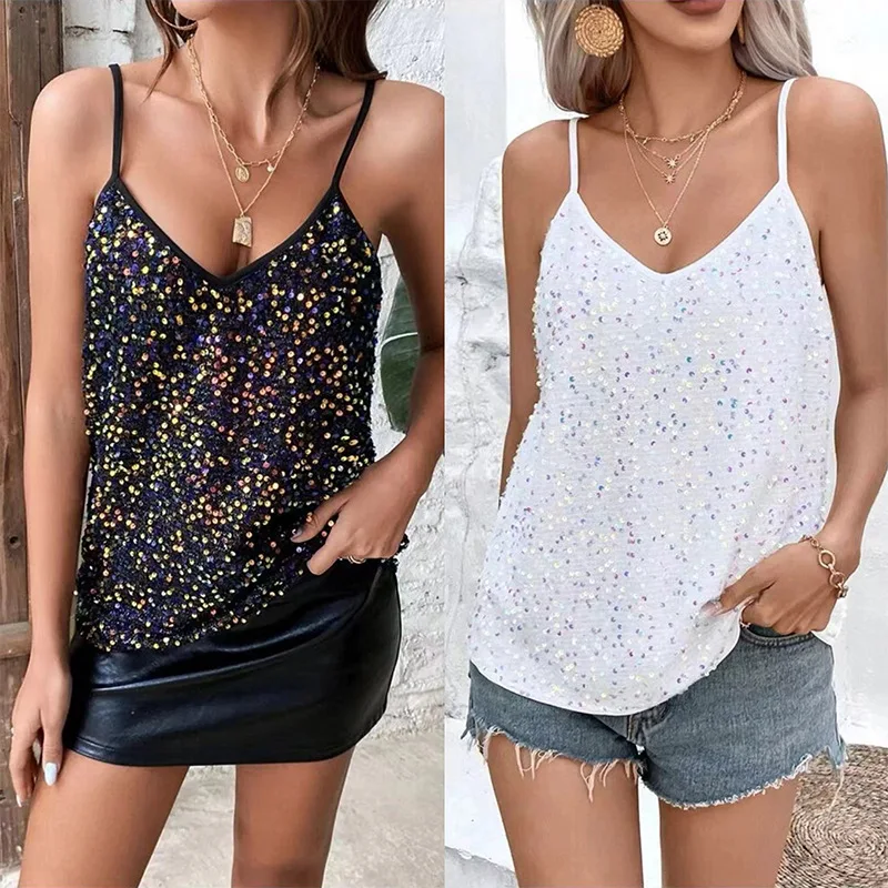 

Ladies Vintage Sexy Sequin Vest Sleeveless Loose Camisole Casual V-Neck Tank Tops Fashion Loose Pullover Blouse Y2k Streetwear
