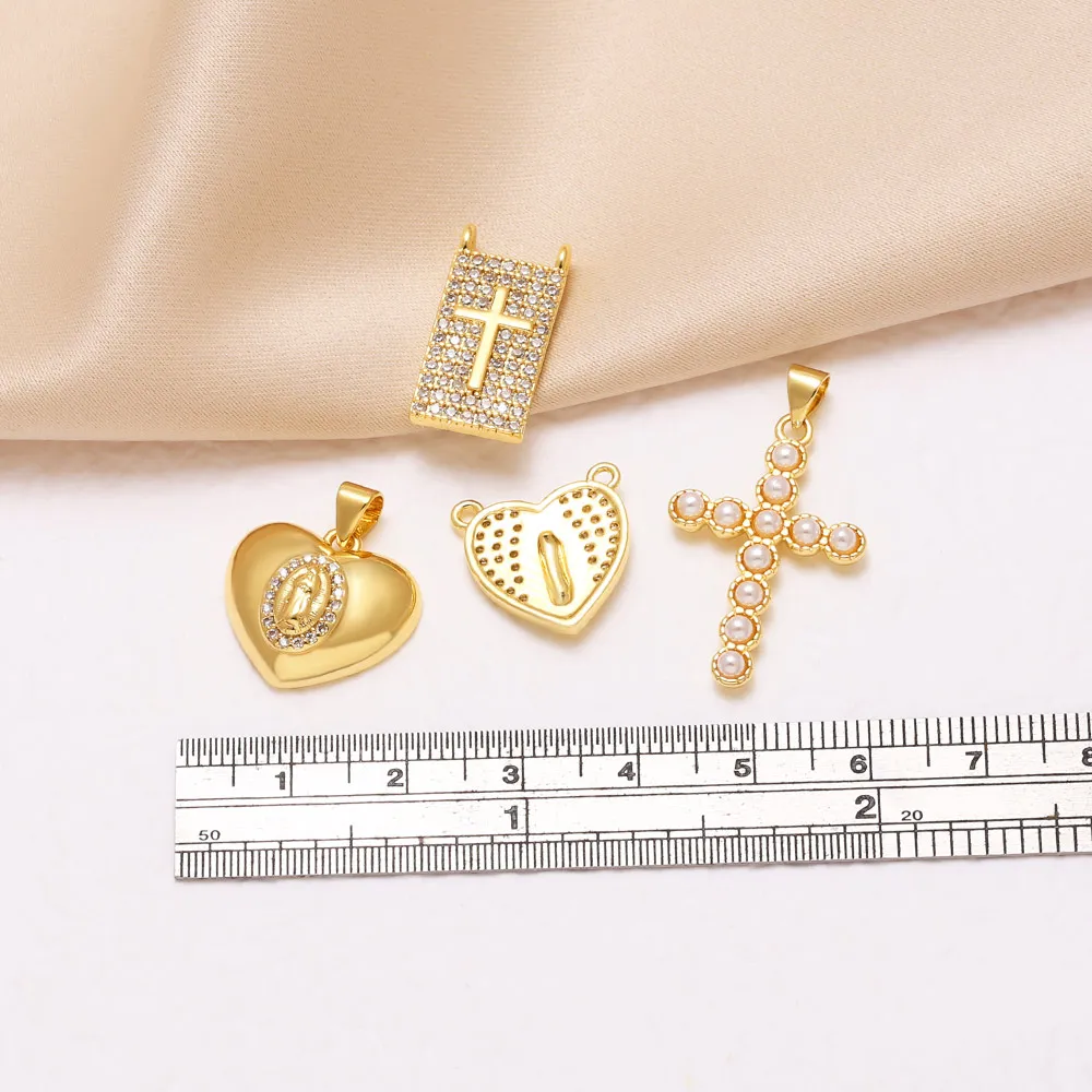 OCESRIO White Crystal Virgin Mary Heart Pendant for Necklace Copper Gold Plated Faux Pearl Cross Jewelry Making Supplies pdta320
