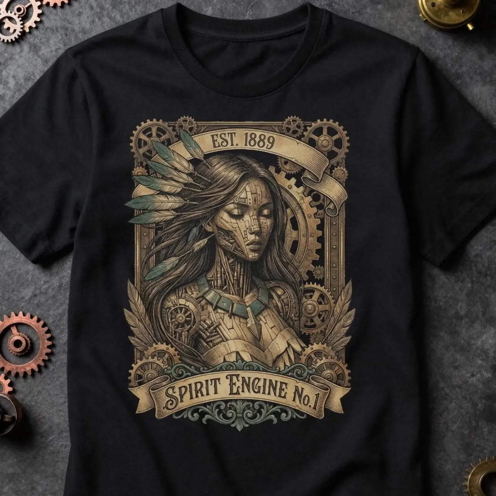 Steampunk Native Woman Spirit Engine No 1 T Shirt Tribal Mechanical Dark Fantasy Vintage Gothic Boho Casual vintage Washed