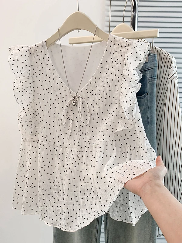 

Korean Sweet Polka Dot V Neck Miniature Sleeve Shirt Women's Summer 2026 Slimming Versatile Ageless Top Blouse