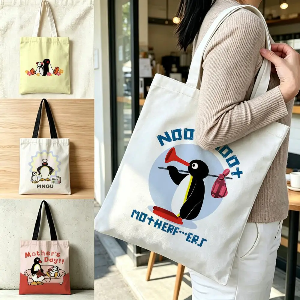 Character Pingu Storage Bags Polyester Canvas Foldable Tote Bag Lightweight Reusable Shopping Shoulder Bag