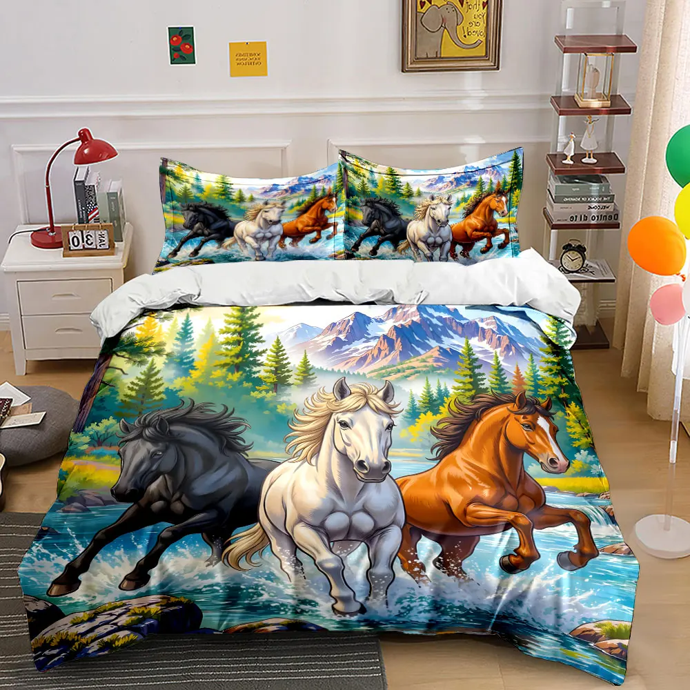 Galloping Horses Across Stream Print Bedding Set 1 Duvet Cover 2 Pillowcases for Adult and Children Luxury Gift Full Size