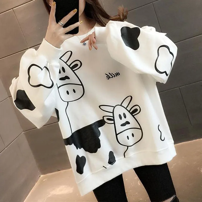 New Spring and Autumn Fashion Trend Printing Round Neck Thin Loose Versatile Western Style Slim Women's Long Sleeve Sweater