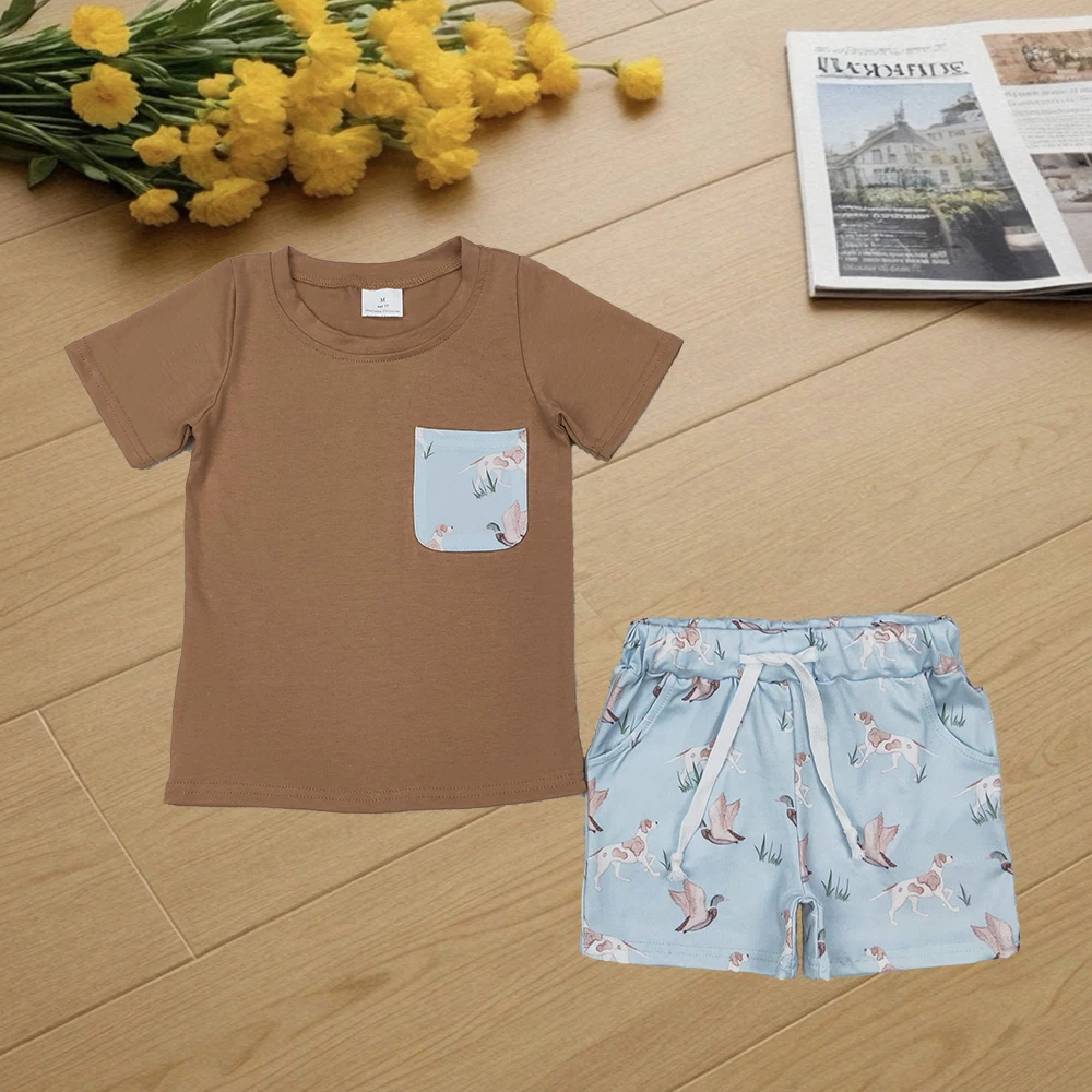 

9.12 Baby Boys Summer Clothes Baby Boys Khaki Pocket Top Ducks Dogs Shorts Clothes Set