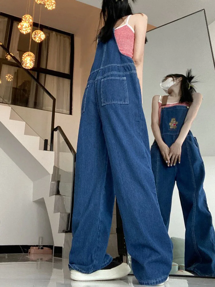 New Cartoon Bear Denim Macacões Mulheres Y2K Macacão Baggy Feminino Vintage Solto Straight Wide-leg Jumpsuit One Piece Outfit