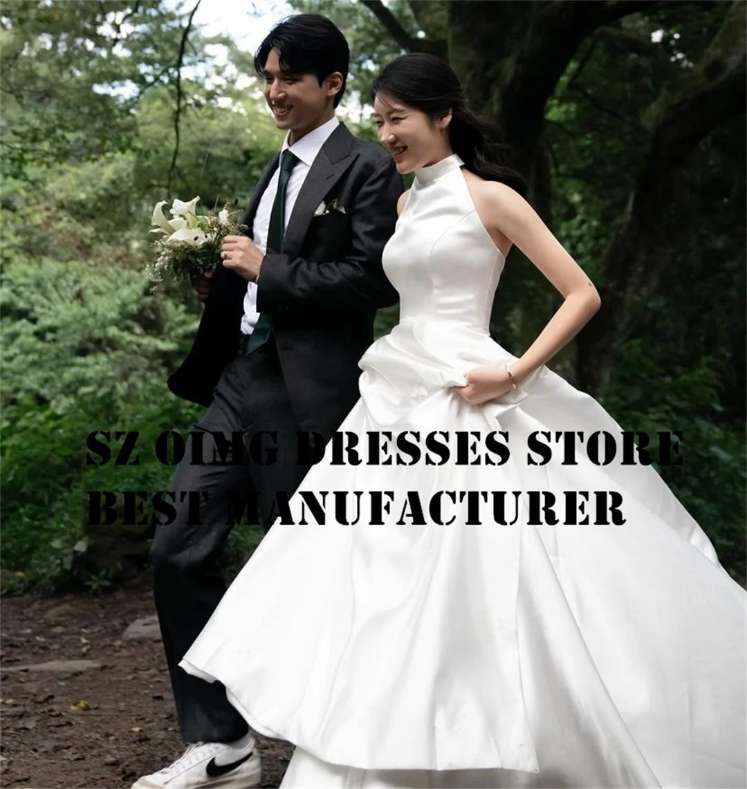 OIMG Korea Wedding Dresses High Neck Ruched Sexy Open Back Elegant A-Line Ivory Country Bride Gowns Formal Bridal Dress