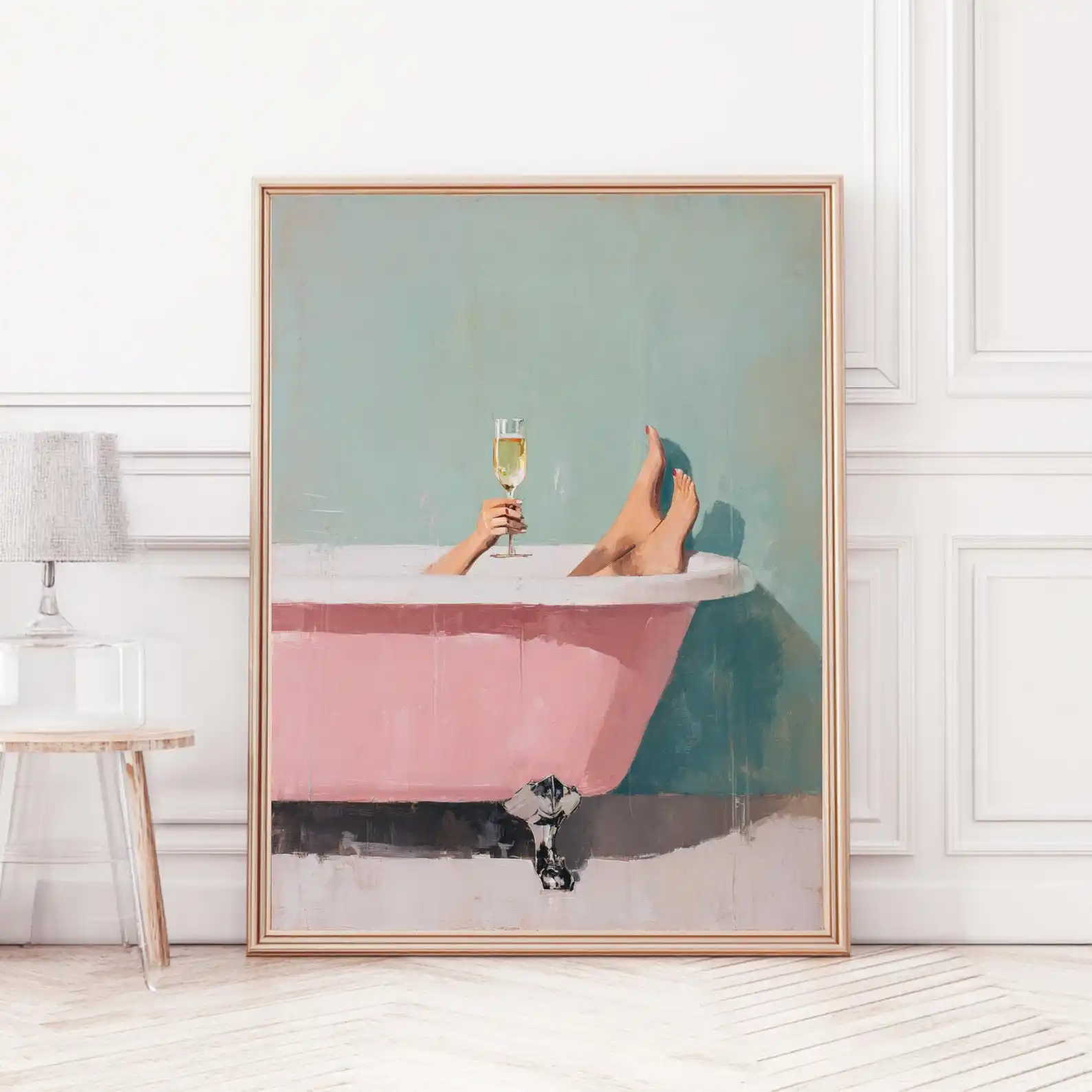 Modern Dopamine  Bathroom Poster Champagne in Bath, Feminine Selfcare Art Print, Retro Boho Feminine Art for Living Room Decor