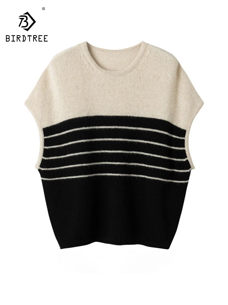 BirdTree 100%Pure Cashmere Knitted Vest, Women O-neck Striped, Commute Loose Casual Thick Sweater, 2024 Autumn Winter T476126QC