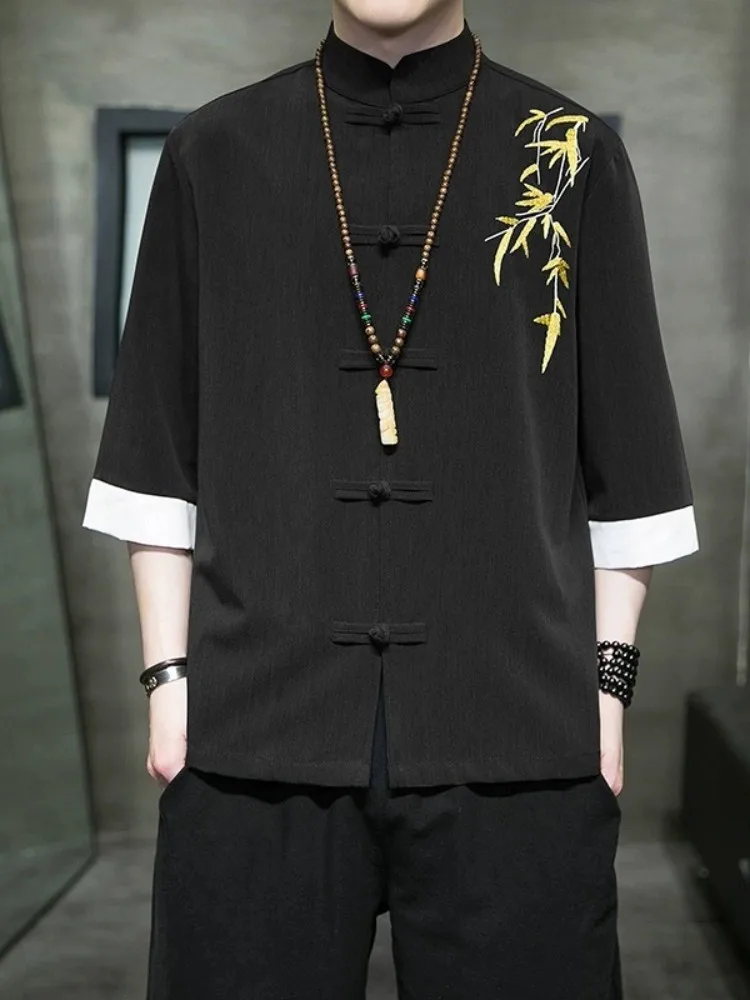 

Chinese Sle ort Sve irt Men's Embroidered Bamboo Button up Summer Faionable Youth Loose Fit Casual irt