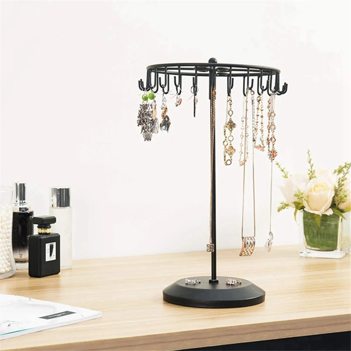 13.3 Inch Black Metal Rotating Jewelry Stand Organizer for Necklaces and Bracelets B