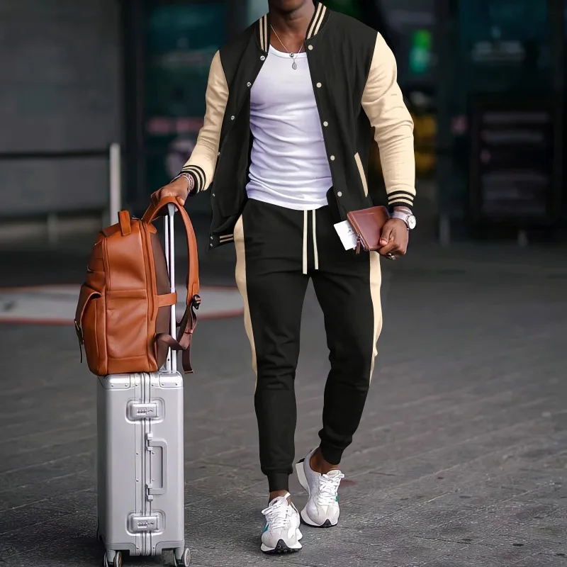 Patchwork Men's Sports Sets Long Sleeve Single Breasted Jacket Casual Sweatpants Spring and Autumn Two Piece Set