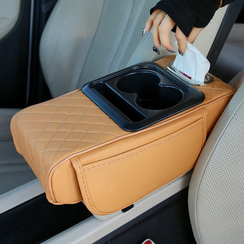Car Armrest Box 7cm Thicken Height Pad Arm Rest Cushion with Pocket Tissue Cup Holder Memory Cotton Elbow Support Height Pad