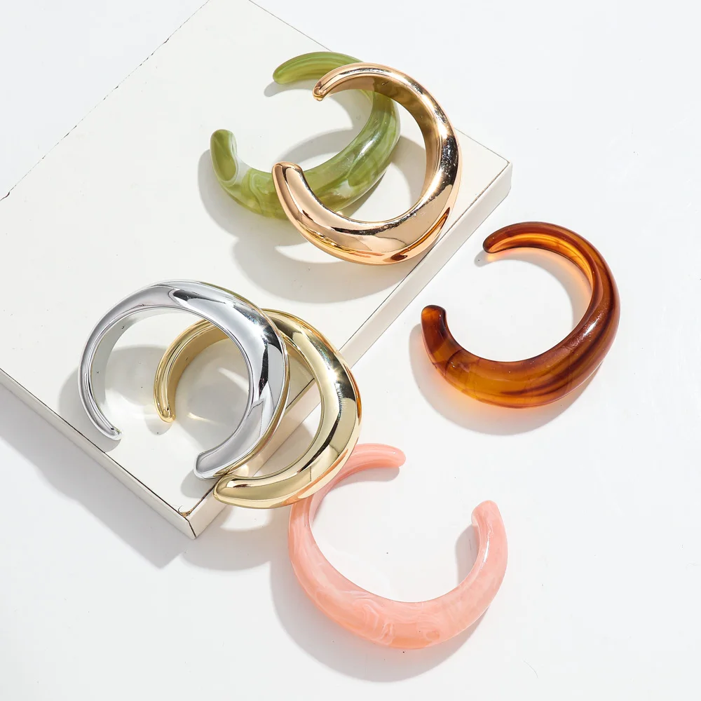 Boho Acrylic Geometric Open Cuff Bangles for Women Retro Mixed Color Chunky Hand Bracelets Stackable Jewelry Birthday Gifts