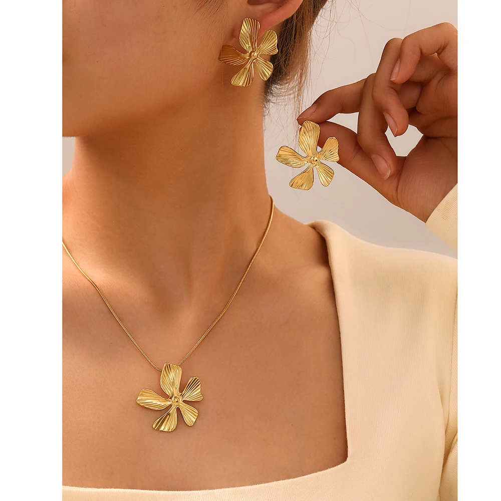 DOTIFI-Conjunto de pendientes y collar de flores con colgante de acero inoxidable, joyería de moda para mujer, cena de boda, fiesta, regalo de fiesta para amigos