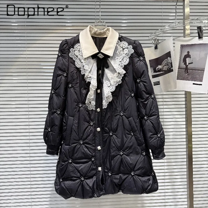 

French Pearl Beaded Bow Tie Collar Long Down Jackets for Women High-end Hepburn Style Socialite Down Jacket Thickened Warm Coat
