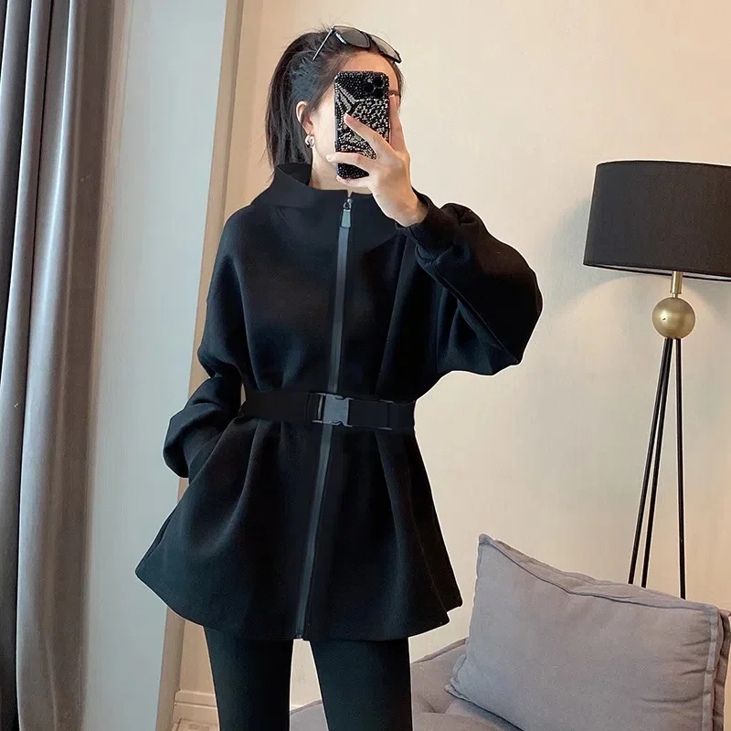 2023 Spring and Autumn New Black Hooded Thin Collection Waist Hoodie Coat Women's Light Ripe Medium long Temperament Cardigan XQ