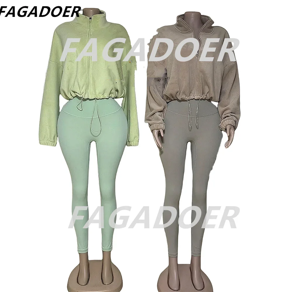 FAGADOER High Quality Women Sporty Outfits Autumn Winter Fleece Fur Zipper Crop Top And Leggings Pants Two Piece Sets Tracksuits