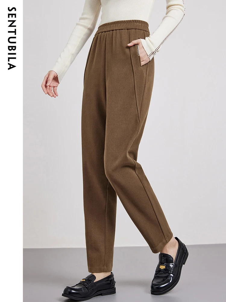 SENTUBILA Thermal Slacks Pencil Pant Women Autumn Winter Elastic Waist Trousers Warm Brushed Plus Velvet Female Pants 134K52491