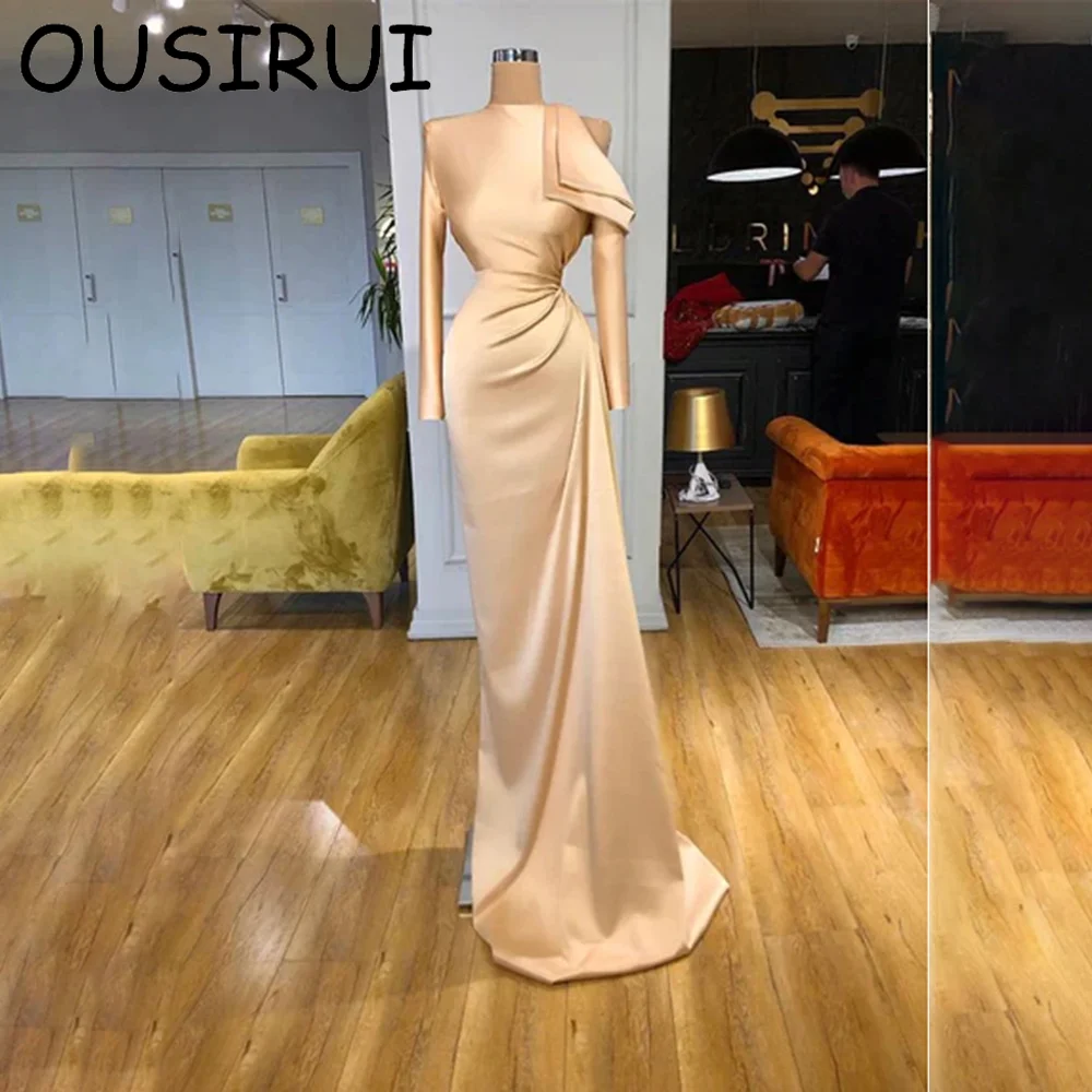 

OUSIRUI Champagne Satin Solid O-neck Prom Party Dresses Mermaid Court Evening Prom Gown with Long Sleeve vestidos de festa