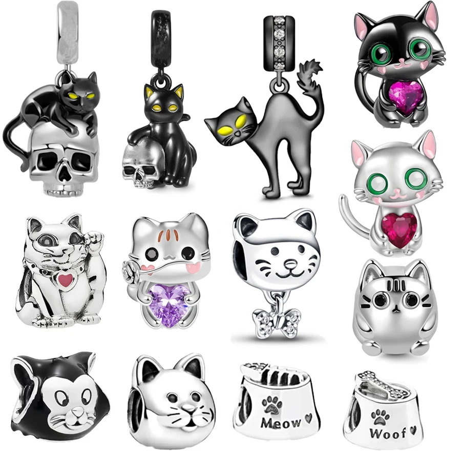 Hot Sale Naughty Pet Cat Series Dangle Charm Beads Fit Original 925 Sterling Silver Pandora Bracelet DIY Fine Women Jewelry Gift